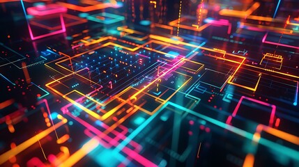 Fototapeta premium A dynamic abstract artwork showcasing colorful neon geometric forms and illuminated structures in a digital cyberspace environment with a dark backdrop