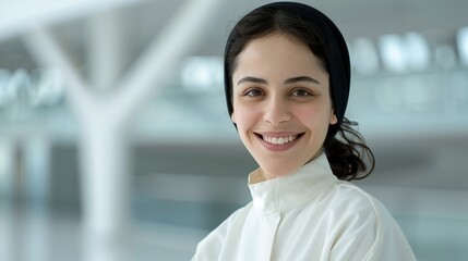 Arab teacher smiling while conducting a lesson in a well-equipped classroom representing dedication to education and student success Portrait, Realistic Photo, High resolution, Half-body picture,