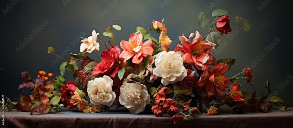 Poster a beautiful flower arrangement with space for greetings, featuring a variety of blooms. copy space i