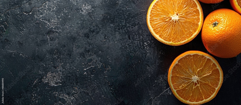 Poster Top view of fresh, ripe oranges on a dark background with copy space image.