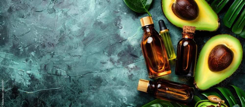 Aufkleber essential oils and avocado displayed on a tropical-themed backdrop, conveying a concept related to s