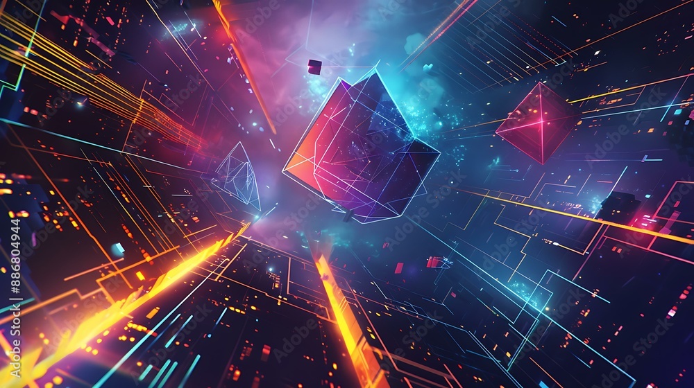Fototapete an abstract illustration featuring vibrant geometric shapes and structures in neon colors with glowi