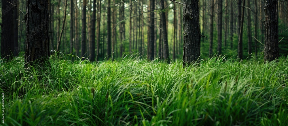 Poster In a serene forest setting, lush green grasses complement the tall pine trees with a backdrop ideal for a copy space image.