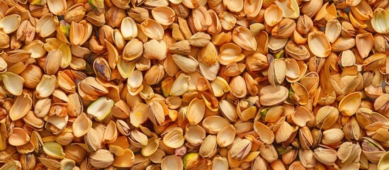 Naklejka premium View from above showing a textured background of pistachio husks forming a pattern, resembling a wallpaper made of organic waste, ideal for a mockup including copy space image.