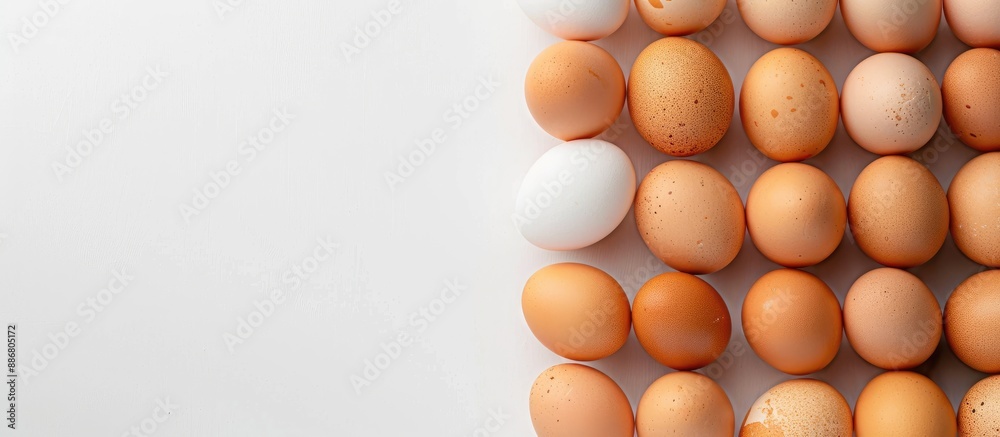Poster A close-up of fresh eggs arranged neatly on a plain white background with ample space for a copy space image.