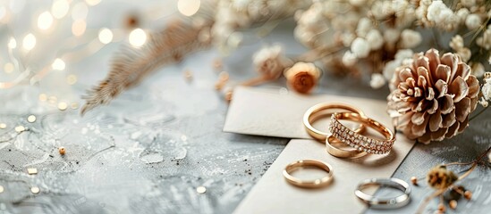 Wedding accessories such as rings and invitation cards can be seen in the copy space image.