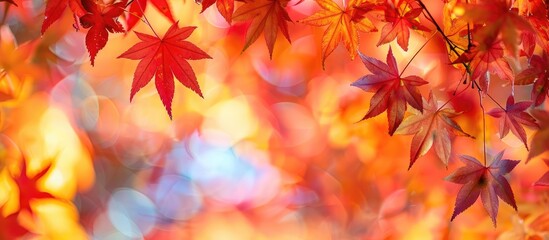 The colorful autumn leaves create a vivid backdrop with glowing red, orange, and yellow hues in the sunlight, perfectly captured in a copy space image.