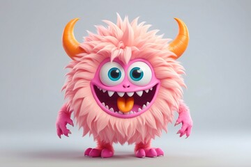 Funny cute adorable fluffy furry 3D cartoon character monster portrait on isolated background.

