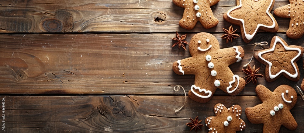 Poster christmas homemade gingerbread cookies displayed on a rustic wooden table with a clear space for a c