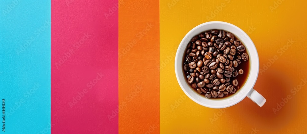 Leinwandbilder coffee cup and beans displayed on a colorful background with copy space image.