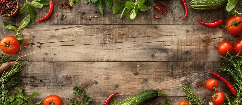 Poster fresh vegetables and spices arranged on a wooden surface with copy space image available.