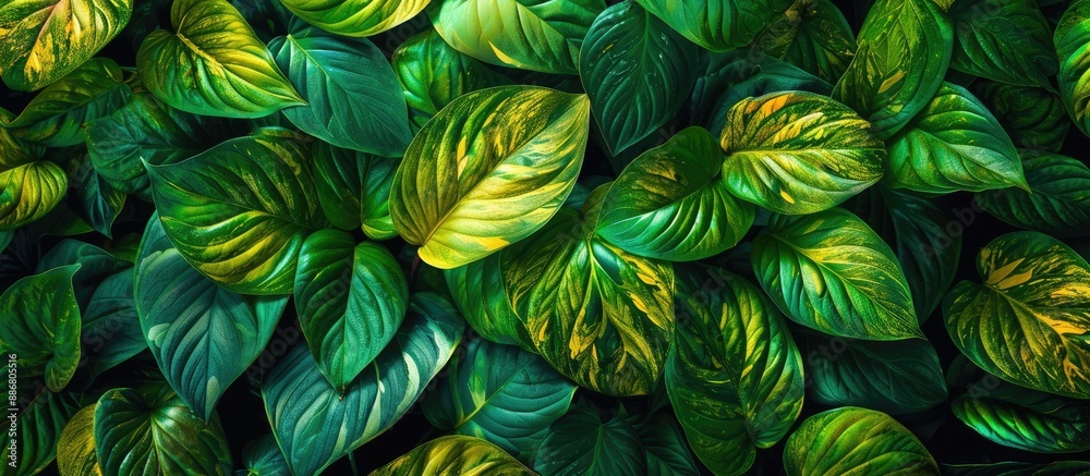 Poster background of green leaves texture with colorful tropical leaf, nature concept, and copy space image