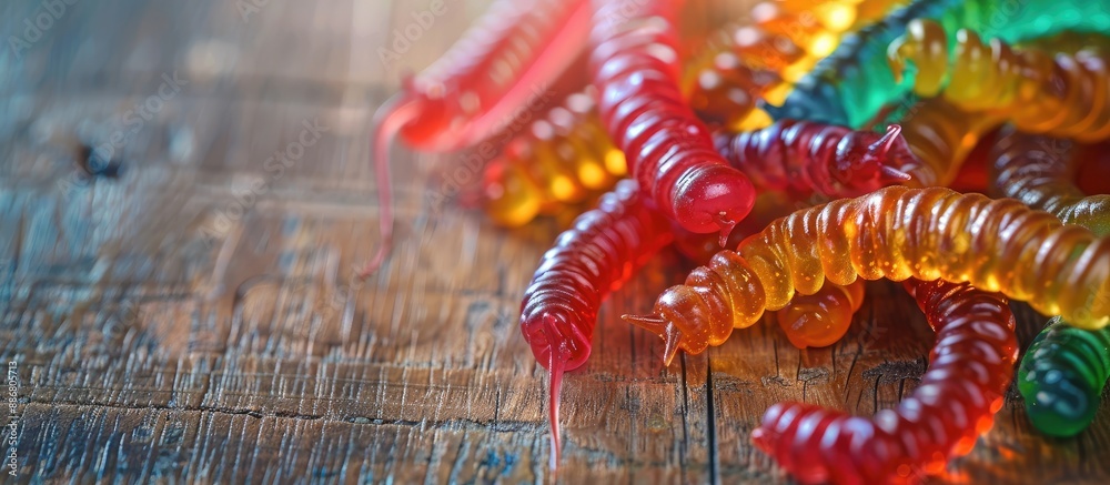 Poster delicious jelly worms displayed on a wooden surface with copy space image.