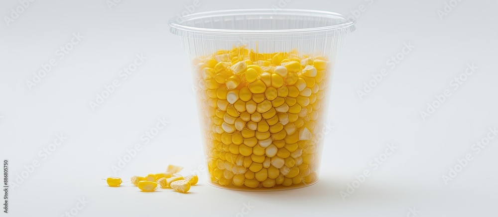 Poster corn seeds contained in a plastic cup on a white backdrop with copy space image.