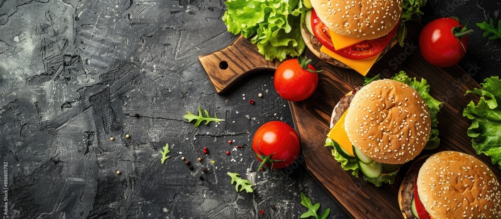 Poster a homemade hamburger topped with lettuce, tomato, cheese, and cucumber displayed on a cutting board 