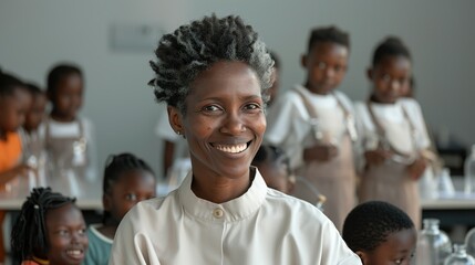 African teacher smiling while interacting with students in a dynamic classroom representing educational enthusiasm and support Portrait, Realistic Photo, High resolution, Half-body picture,