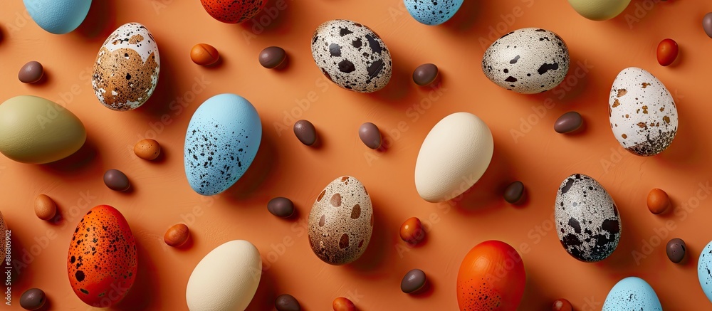 Aufkleber brown background showcases creative quail egg pattern with vibrant easter concept. colorful eggs on 