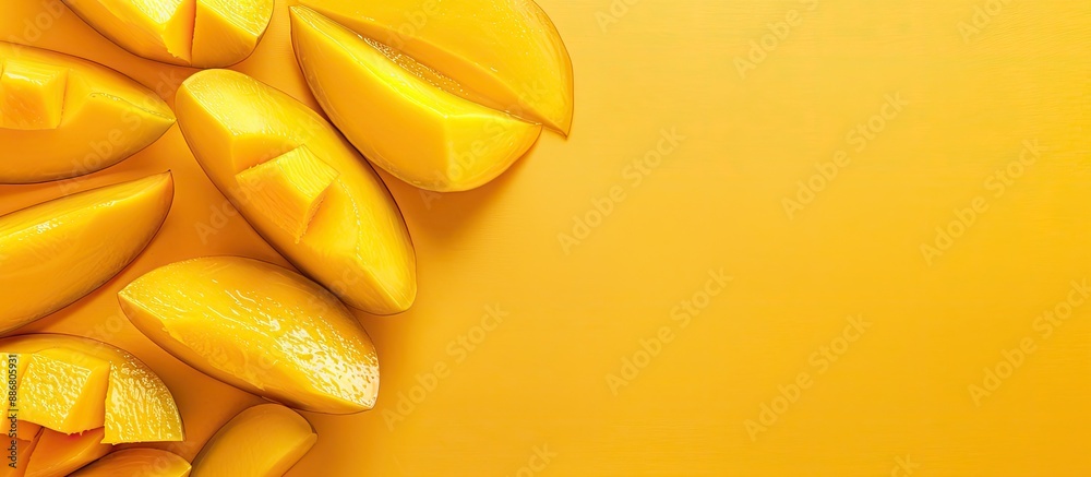 Poster Top view of delicious mango slices on a background with copy space image.