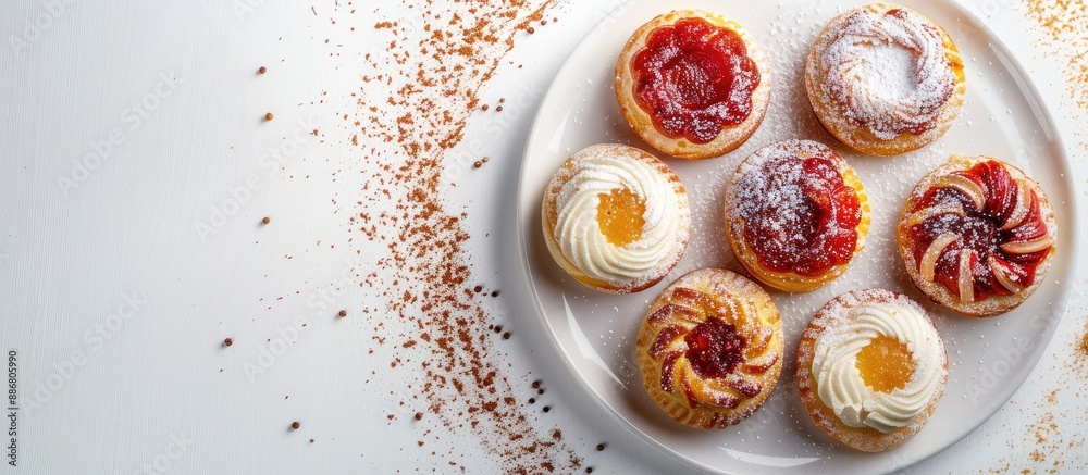 Poster circular arrangement of sugary dutch pastries with spices on a white plate, leaving a central gap wi