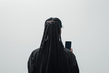 a black woman with long braids standing in front of white background, holding a phone, back to camera, backlit, wearing dark jacket, shot from behind her head Generative AI