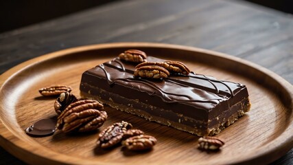 double chocolate pecan bar served aesthetically in a wooden plate and table