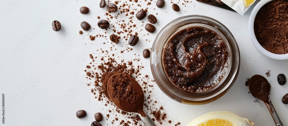 Poster top view of a jar of homemade coffee body scrub with ingredients and packing tools on a white table,