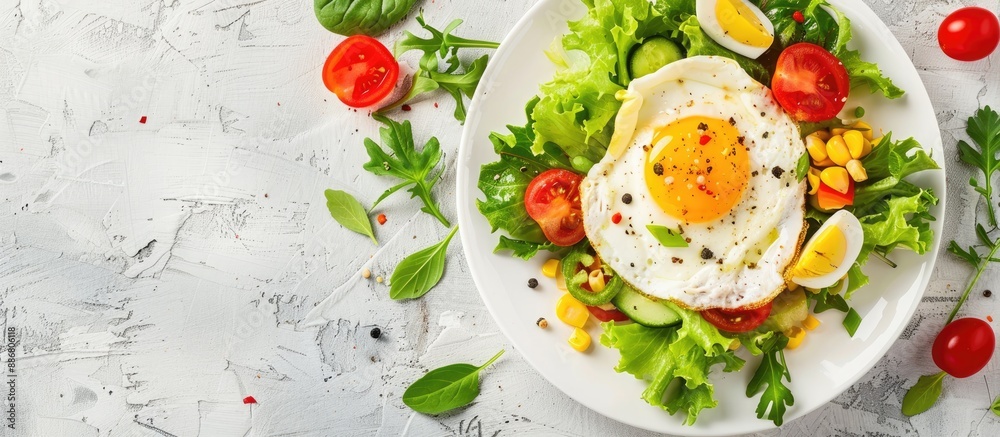 Poster Fresh salad with omelet and vegetables on a table with a food background providing copy space image.