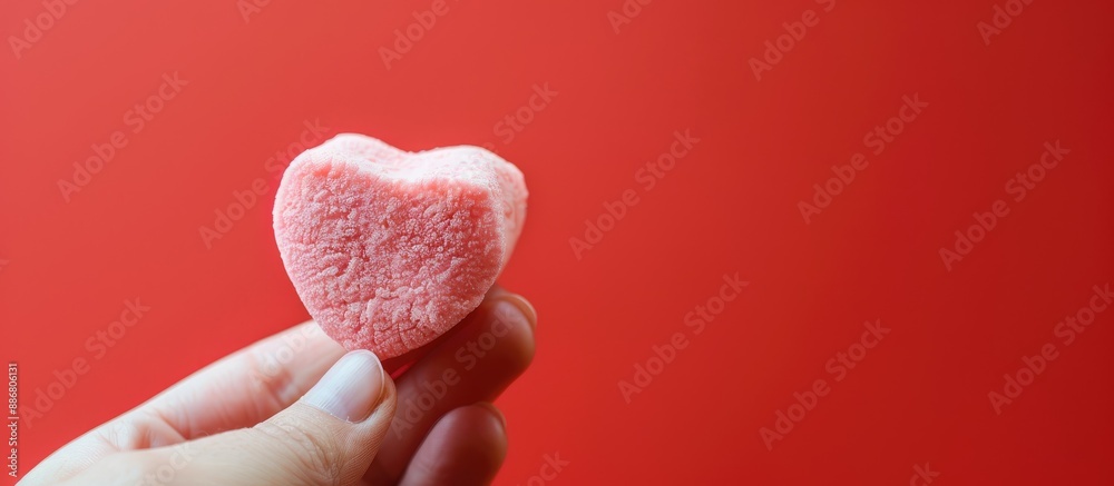 Aufkleber a hand showcasing a pink heart-shaped marshmallow with a vibrant red background, suitable for a copy