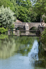 Scenic view of Eure River banks and houses in Historic Center of Chartres. Chartres, Eure-et-Loir department, Centre-Val de Loire region, France, Europe.