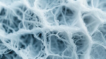 Close-up view of an abstract, white organic mesh texture, capturing the intricate details and complex patterns, creating an ethereal and beautiful natural structure.