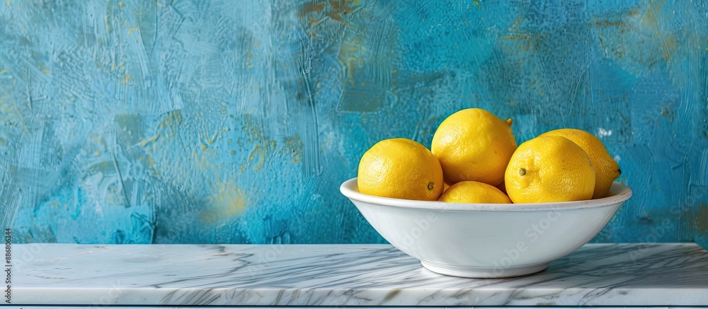 Poster Close-up view of a white bowl holding fresh Meyer lemons on a marble board with a blue background creating a captivating copy space image.