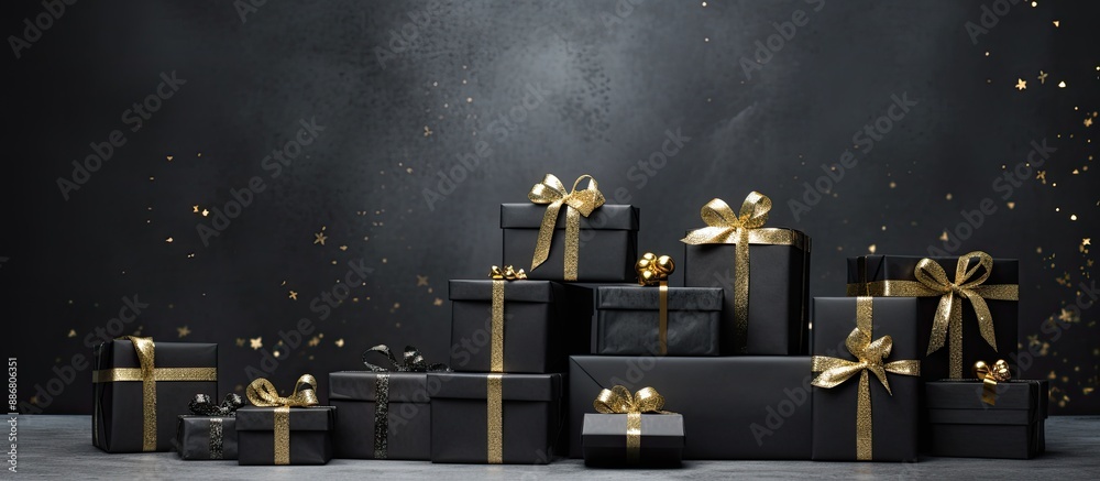 Poster Assorted black gift boxes of different sizes stacked together, creating a festive Christmas-themed arrangement with empty space for text or graphics