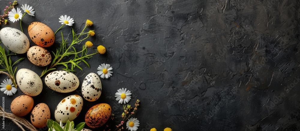 Poster easter eggs and flowers displayed on a dark background with copy space image for easter celebration.