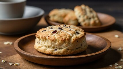 Fototapeta premium petite vanilla bean scone served aesthetically in a wooden plate and table