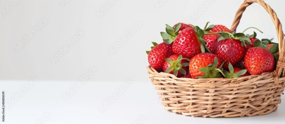 Poster basket holds few strawberries on white backdrop with copy space image.