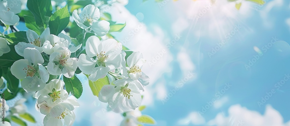 Poster Blooming apple tree branches against a blue sky with clouds, showcasing large white buds - a spring symbol in a copy space image.