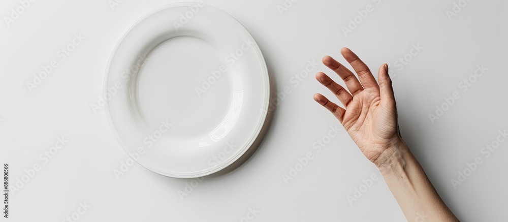 Poster A food-themed setting with a hand displaying a gesture on a white plate against a white studio backdrop in a top view with copy space image.