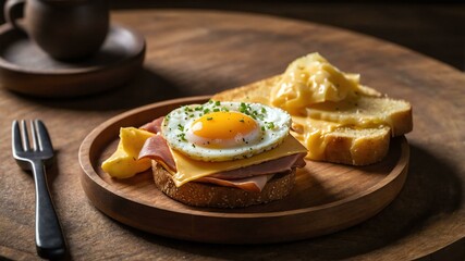 spam classic egg and cheese on potato bread served aesthetically in a wooden plate and table