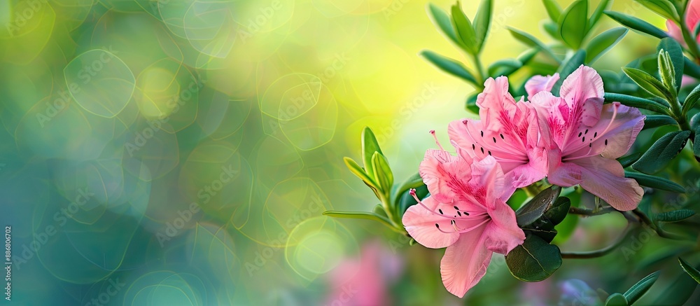 Poster rhododendron azalea flower in pink bloom during spring against a vibrant green backdrop, with ample 
