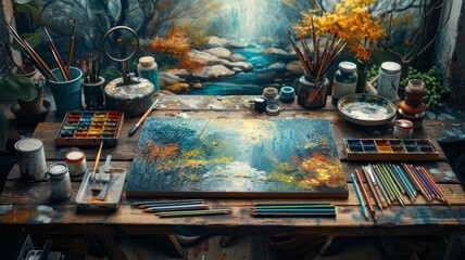 Creative Flat Lay: Artistic Workspace on a Wooden Desk