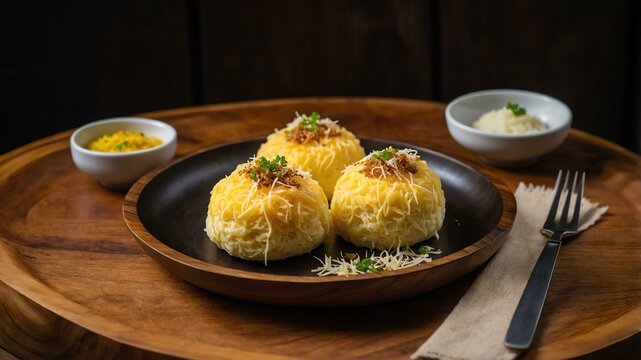 triple cheese ensaymada served aesthetically in a wooden plate and table