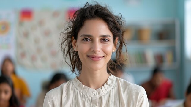 Indian teacher smiling while guiding students through a lesson in a vibrant classroom representing educational commitment and passion Portrait, Realistic Photo, High resolution, Half-body picture,