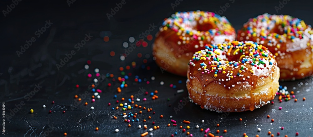 Poster elegant black background enhances german krapfen with drizzled glazed sprinkles, creating a visually