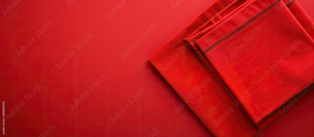 Poster top-down view of a red kitchen napkin on a table, offering copy space in a minimalistic, flat lay de