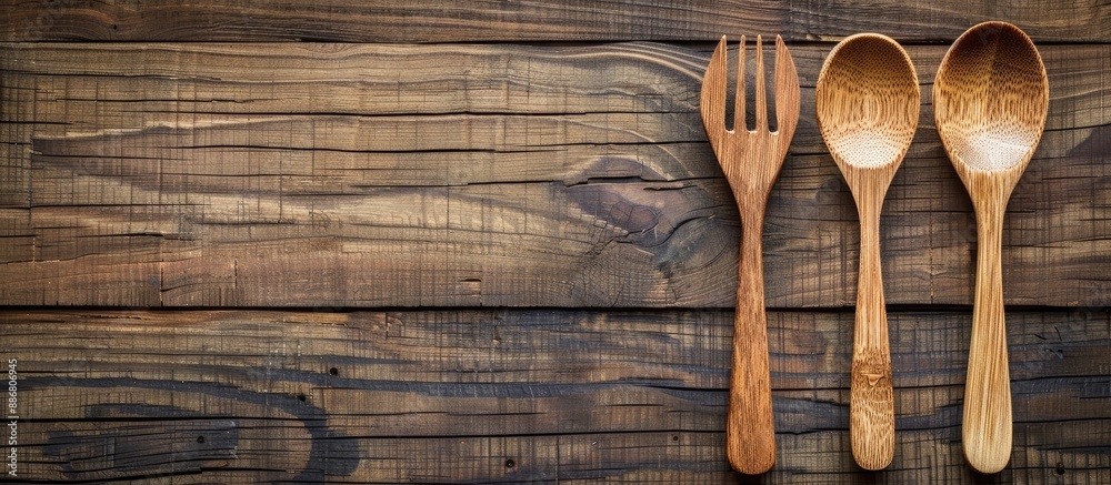 Poster wooden spoon and fork displayed on a brown wooden background with copy space, viewed from above.