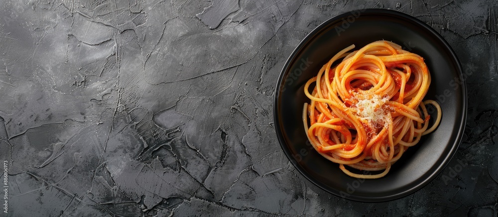 Poster top-down view of pasta, spaghetti with tomato sauce presented in a black bowl on a grey stone backgr