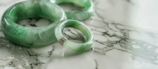 Top view close-up photo of green jade rings and a jade bangle or bracelet displayed on a marble table with copy space image.