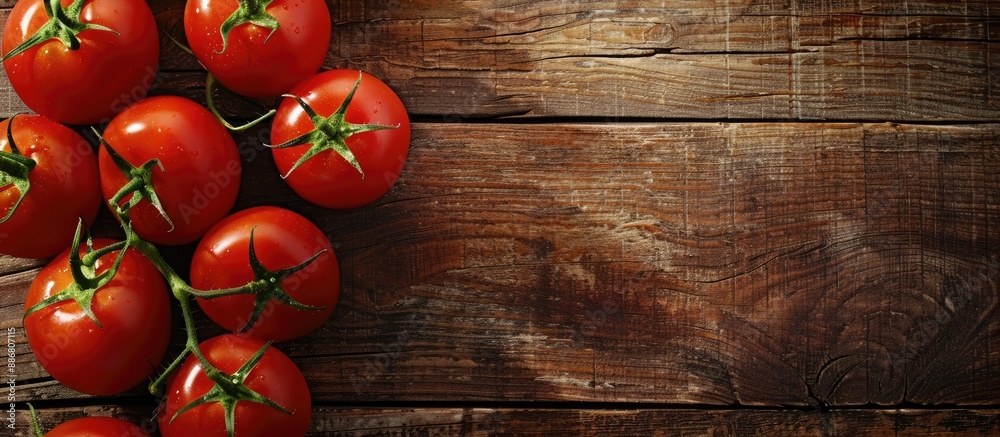 Poster tomato fruit displayed on a wooden plank with copy space image.