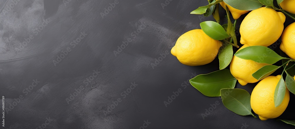 Poster Top view of fresh lemons placed on a grey background with ample copy space image available.