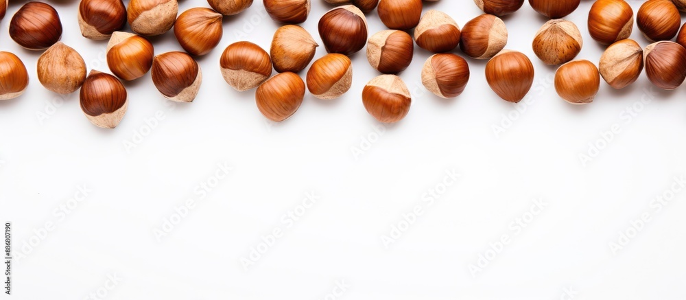 Poster Top view of hazelnuts creatively arranged on a white background with copy space image, representing a concept of healthy nutrition, nuts, and healthy fats.